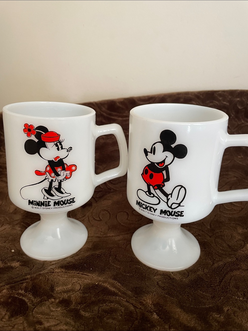 Vintage Pair Of Disney Milk Glass Pedestal Mugs Featuring Minnie & Mickey Mouse